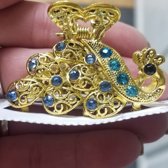 NWT Blue Gems & Gold Enamel Peacock Medium Hair Clip! - Picture 4 of 14
